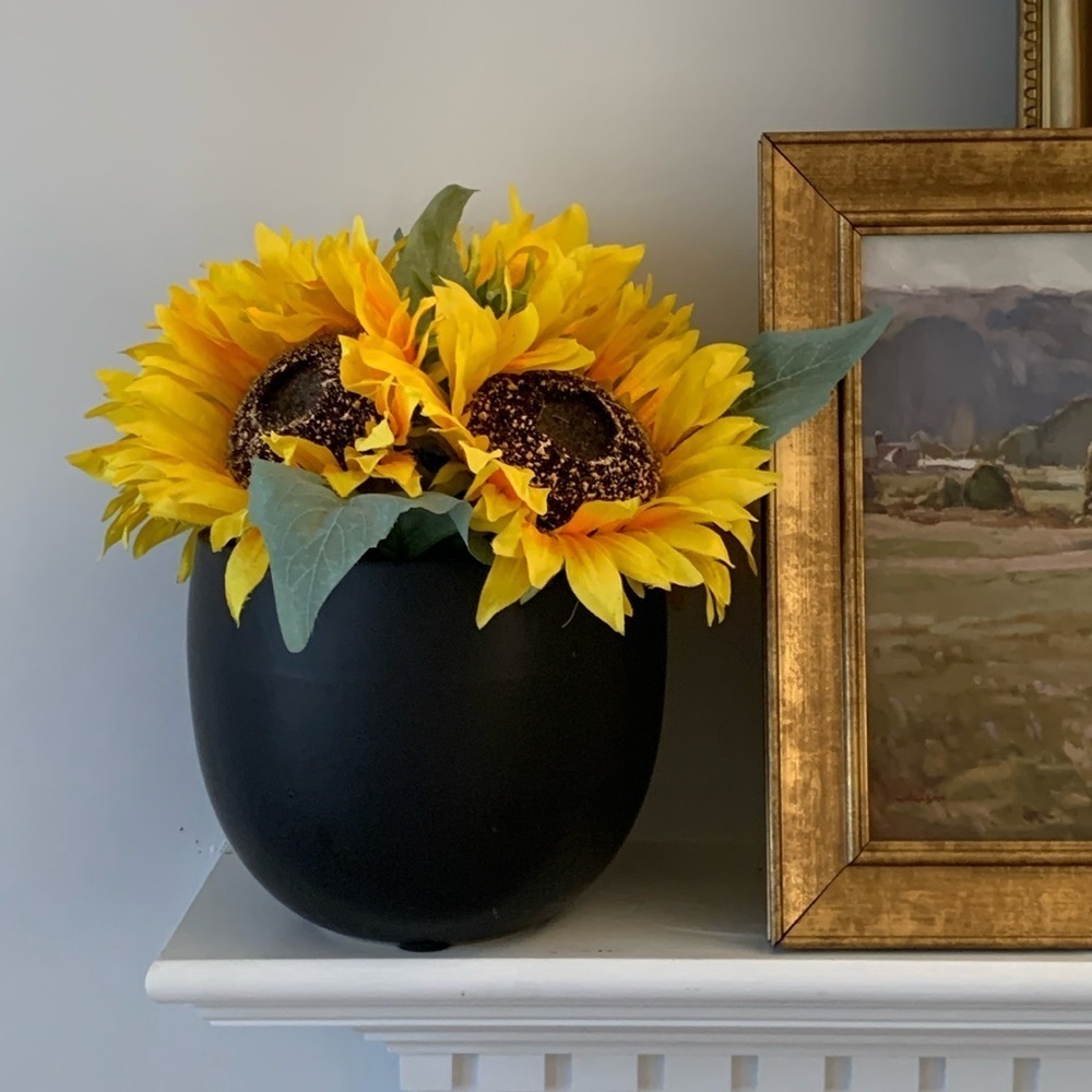 Sunflowers arrangement black large vase home decor fall ceramic pot traditional